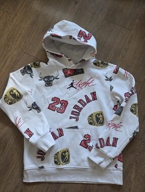 Jordan White Crewneck Hoodie with Red & Gold Graphics
